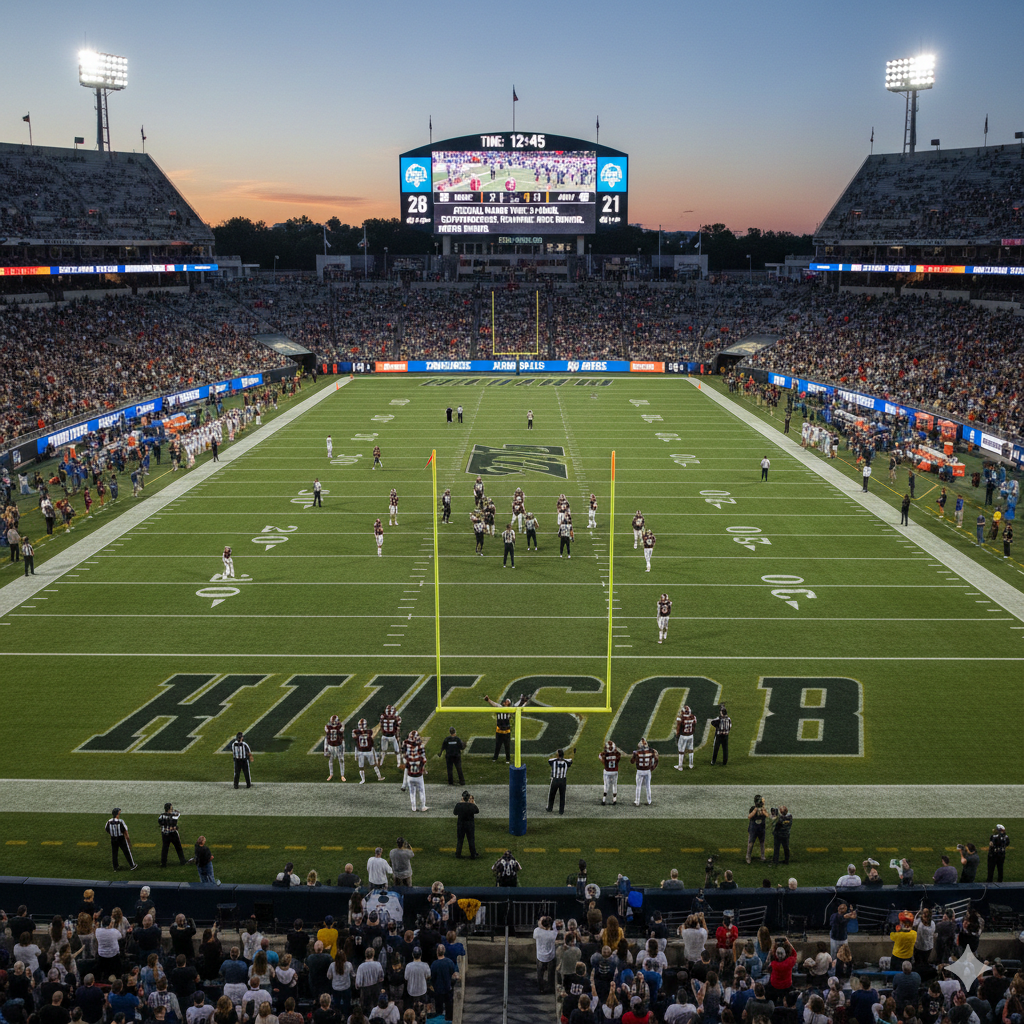 American football players on the field during a game showing real-time match duration