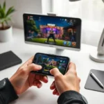 A realistic mobile gaming setup showing a smartphone on a clean desk displaying a generic battle royale style game interface, modern minimal workspace, soft natural lighting, focused on mobile gaming experience, hands holding phone, no logos, no brand names, educational technology concept, high detail, 4K resolution, professional photography style, neutral background, safe for advertising guidelines