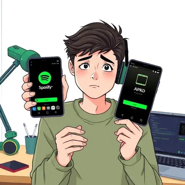 A beginner-friendly illustration showing Spotify APK installation on an Android phone with a comparison between official app and mod APK risks.