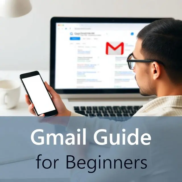 gmail guide for beginners showing inbox interface on mobile and laptop with email compose and reading steps